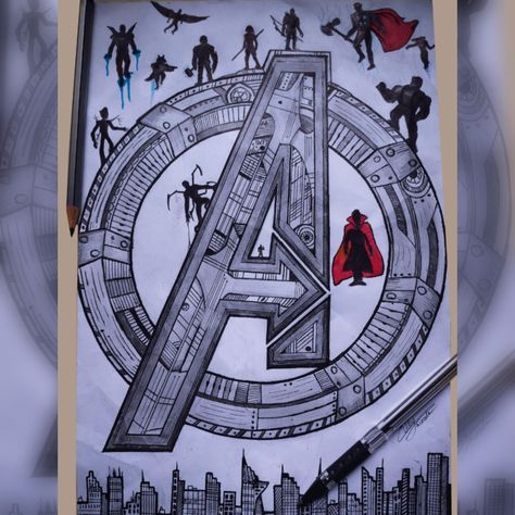 All Avengers Drawing, Avengers Logo Drawing, Avengers Sketches Easy, Avenger Drawings, Marvel Avengers Drawing, Marvel Sketchbook, Marvel Mural, Marvel Avengers Logo, White Board Drawings