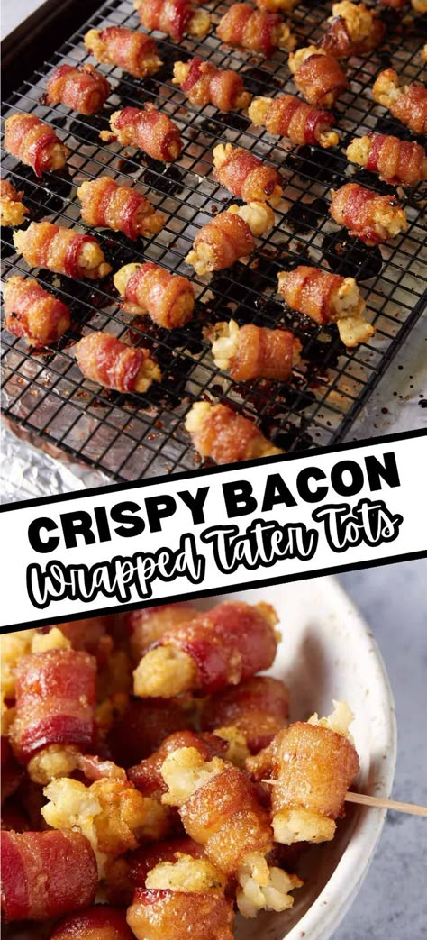 Collage of cheese-stuffed bacon-wrapped tater tots on cooling rack at top and closeup shot of bowlful of bacon-wrapped tater tots at bottom. Easiest Appetizers, Bacon Wrapped Tater Tots, Bacon Wrapped Recipes, Tater Tot Recipes, Food Recipes Breakfast, Small Bites Appetizers, Spicy Appetizers, Cherry Sauce, Bacon Appetizers