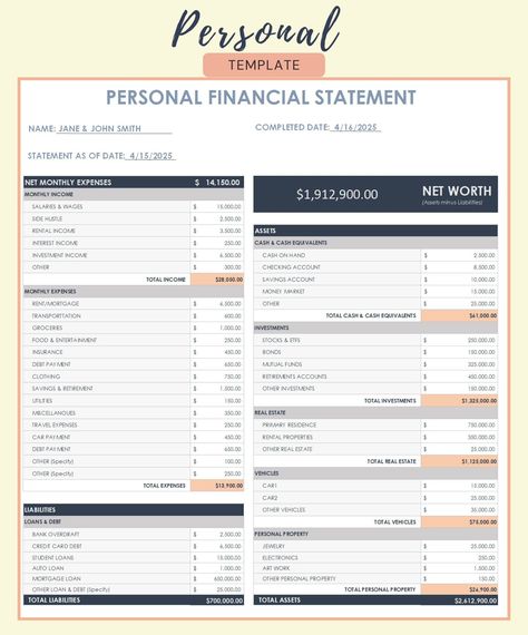 Empower Your Financial Journey with Our Personal Financial Statement Template! Seamlessly manage your finances with this adaptable and easy-to-use tool. Compatible with both Excel and Google Sheets formats, our template enables you to effortlessly compile a detailed overview of your personal finances tailored to your preferences. Take charge of your financial destiny today! 🛑 IMPORTANT NOTE Get Started with Ease: To use this file in Google Sheets, simply upload the Excel file to your Google Dri Reporting Design, Business Writing Skills, Personal Financial Statement, Small Business Plan, Money Strategy, Personal Finances, Balance Sheet, Money Market, Statement Template