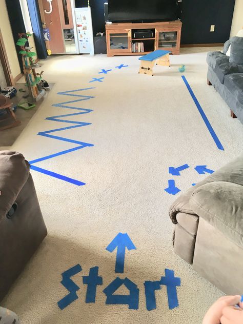 Indoor painters tape obstacle course! The little kids love this, and you can make it however you want! Sensory Floor Path Ideas, Tape Obstacle Course, Indoor Obstacle Course Ideas, Obstical Course Ideas, Obstacle Course Ideas For Kids, Party Games For Toddlers, Indoor Obstacle Course, Toddler Obstacle Course, Obstacle Course Ideas