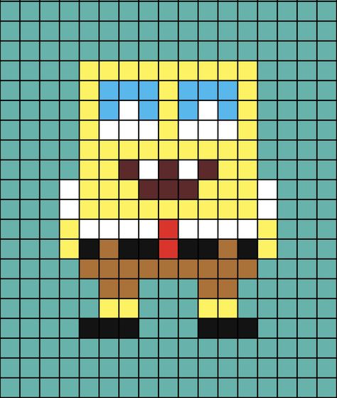 A small pixel art template of SpongeBob SquarePants. Pixel Art Spongebob Easy, Pixel Spongebob, Sponge Bob Square Pants Drawings, Spongebob Pixel Art, Spongebob Cross Stitch Pattern, Spongebob Alpha Pattern, Pixel Drawing, Pix Art, Pixel Crochet