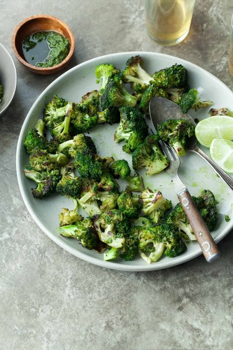 Basil Broccoli | Gourmande in the Kitchen Basil Marinade, Grilled Broccoli, Cookout Side Dishes, Paleo Side Dishes, Basil Recipes, Small Food Processor, Cleanse Recipes, Paleo Vegan, Broccoli Florets