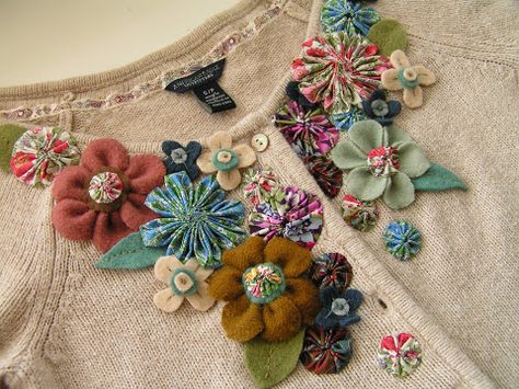 Clothing Refashion -- Embellished Flowered Cardigan {tutorial} -- Tatertots and Jello Fabric Flower Tutorial, Tea Roses, Refashion Clothes, Ribbon Embroidery, Flower Tutorial, Felt Flowers, Upcycle Clothes, Sewing Clothes, Pita