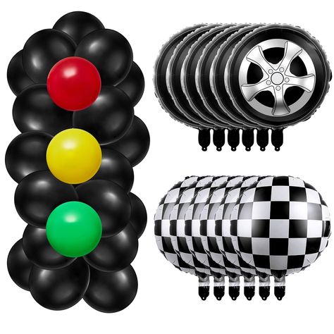 PRICES MAY VARY. What You Will Get: you will receive many car birthday party decorations, including approx. 12 inches latex balloons in 4 colors, respectively are black (40 pieces), red (4 pieces), yellow (4 pieces), and green (4 pieces), 2 kinds of approx. 18 inches foil balloons, respectively are black and white checkerboard balloons (6 pieces), tire balloons (6 pieces), 1 pieces of approx. 16.4 ft balloon chain and 1 roll of glue, sufficient for your party needs Race Car Theme Design: the rac Car Party Decorations, Light Balloons, Cars Birthday Party Decorations, Race Car Themes, Car Themed Parties, Car Birthday Theme, Race Car Birthday Party, Cars Theme Birthday Party, Car Party