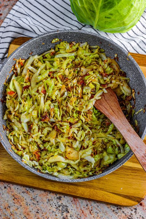 Fried Cabbage with Onions and Bacon Cabbage Plates, Southern Fried Cabbage, Vegan Fries, Cabbage And Bacon, Fried Cabbage, Flavored Bacon, Cabbage Recipes, Vegetable Sides, In My Opinion