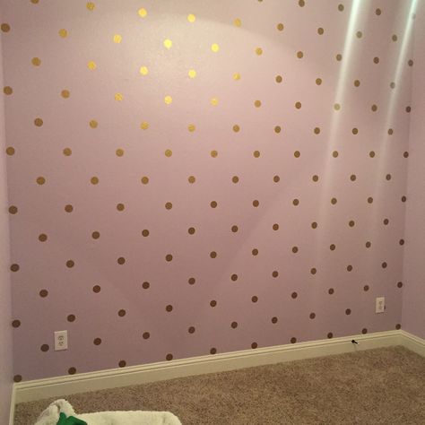 Gold polka dot wall.... Used gold adhesive polka dots I found on eBay. The paint color of the accent wall is behr paint in Romantic Poetry Baby Room Paint Ideas, Baby Room Paint, Gold Polka Dots Wall, Room Paint Ideas, Girls Bedroom Paint, Girls Room Paint, Baby Room Diy, Children Room Boy, Kids Room Paint