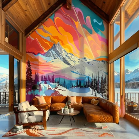 Bohemian Wall Mural, Colorful Mountain Mural, Unique Mural Ideas, Airbnb Mural, Abstract Mural Wall, Basement Mural, Corner Mural, Diy Wall Mural Ideas, Mural Interior Design