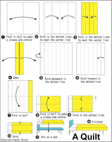 Origani Bed Paper Bed Template Printable, Blanket Origami, Origami Furniture Paper, Bed Origami, Miniature Bed Diy Cardboard, Origami Instructions For Kids, Origami Furniture, Origami Guide, Origami Sheets
