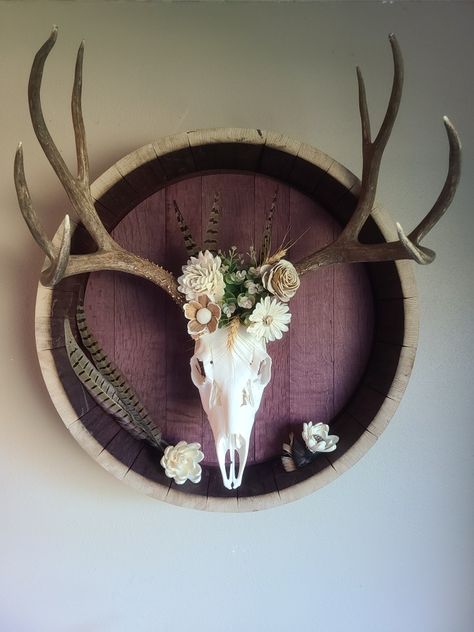 Deer mounted inside a wine barrel Girly Deer Skull Mounts, Diy Deer Head Decor, Mounting Deer Skull, Deer Skull Decor Living Room Farmhouse, Deer Mount Display Ideas, Decorative Deer Skulls, Deer Skull Art Ideas, Deer Shoulder Mount Ideas, Euro Mount Deer Decor