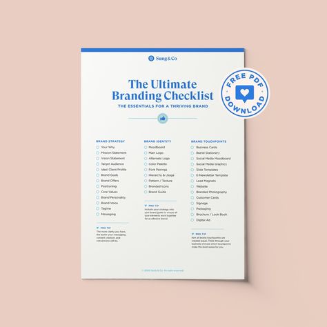 Do you have everything you need for your brand?  We’ve got a free branding checklist you can download! It includes a couple tips on how you can keep your brand consistent too. ✨  Download it now from our Resources page at sungandco.com.  #graphicdesign #logo #marketing #design #typography #creative #business #socialmedia #illustrator #logodesign Making A Logo, Typography Creative, Branding Checklist, Co Branding, Brand Strategy Design, Business Articles, Branding Tips, Branding Services, Brand Guide