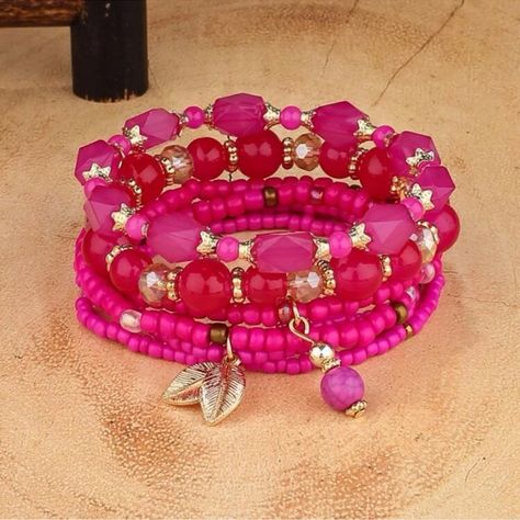 Hot Pink 4pcs Leaf Charm Beaded Bracelet Set Bohemian Layered Bracelet Material: Polyresin Magenta Jewelry, Hot Pink Bracelet, Hot Pink Jewelry, Hot Pink Bracelets, Pink Bracelets, Mens Bracelet Set, Charm Beaded Bracelet, Pyrite Bracelet, Sleepaway Camp