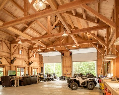 Maine Mountainside Timber Frame Barn - Houses and Barns Timber Frame Garage, Building A Pole Barn, Timber Frame Barn, Garage Guest House, Timber Frame Building, Barn Shop, Car Barn, Timber Frame Construction, Timber Frames