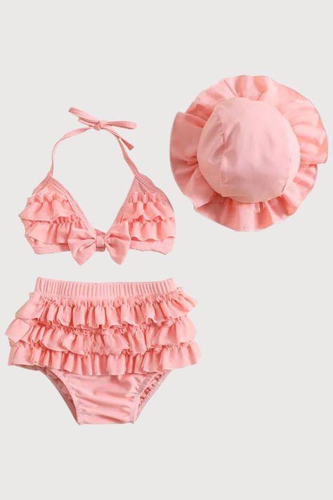 Baby Girls Cute Frill Swimsuit With Hat Pink Swim, Baby Pink Colour, Beachwear Fashion, Summer Swimwear, Swimwear Sets, Ruffle Shorts, Swimwear Girls