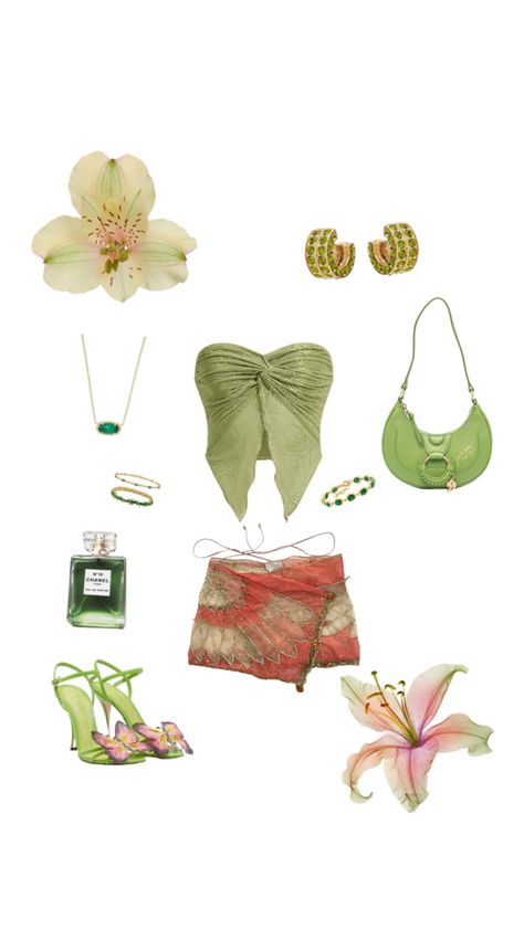 Summer Flower Outfits, Rose Inspired Fashion, Thrifting Moodboard, Niki Concert, Green Summer Outfit, Clothes Swap, Sabrina Carpenter Outfits, Tropical Outfit, Tropical Fashion