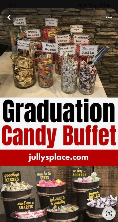 Graduation Party Dessert Table Display, Candy Table Ideas For Graduation, Graduation Party Gifts For Guests, Grad Party Candy Bar, Graduation Party Candy Table, Diploma Cookies, Graduation Party Candy Bar, Candy Bar Graduation, Grad Party Candy