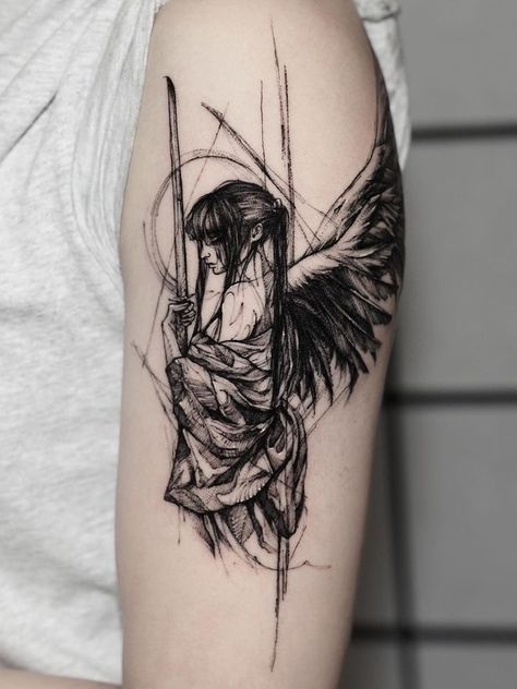 Samurai Girl, Sketch Style Tattoos, Girl Back Tattoos, Tatuaje A Color, Tattoo Style Drawings, Angel Tattoo, Dope Tattoos, Sleeve Tattoo, Creative Tattoos