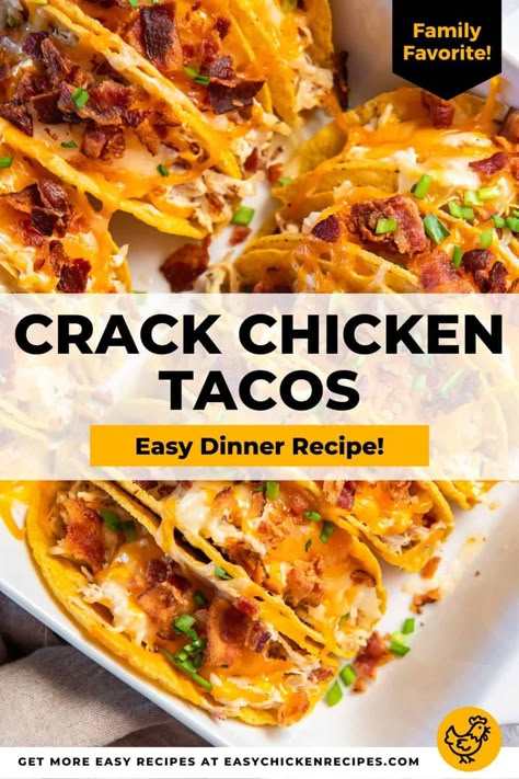 These crack chicken tacos bring you straight to taco heaven with every bite! They're creamy, cheesy, bacony, and full of delicious ranch flavor. After one bite, they'll be your new favorite way to make tacos! Chicken Tenders Tacos, Leftover Rotisserie Chicken Tacos, Creamy Tacos, 30min Meals, Chicken Tacos Recipe Easy, Chicken Ranch Tacos, Chicken Tacos Recipe, Chicken Tacos Easy, Easy Taco Recipes