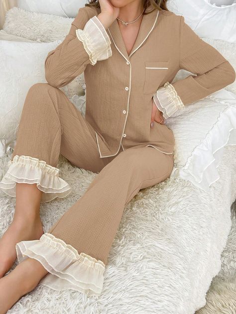 Ensembles pyjama à volants avec bordure contrastée Kaki Femme-Décontractée    Unicolore Ensembles avec pantalon Pas de l'extensibilité Tout Women Sleep & Lounge, size features are:Bust: ,Length: ,Sleeve Length: Pajamas Pants Aesthetic, Pyjamas Aesthetic, Sleepwear Women Pajamas, Plain Pants, Night Dresses, Pant Sets, Night Wear, Collars For Women, Pajama Set Women