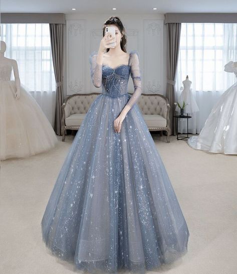 Fairy Prom Dress, Prom Dress Blue, Blue Evening Dress, Gaun Fashion, 파티 드레스, Blue Evening Dresses, Blue Tulle, Long Sleeve Evening Dresses, Prom Dress Inspiration