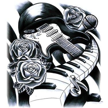 Guitar Piano and Microphone Tattoo Design Microphone Tattoo, Music Tattoo Sleeves, Tattoo Sleeve Filler, Guitar Tattoo, Music Tattoo Designs, Tattoos For Women Half Sleeve, Music Tattoo, Music Tattoos, Desenho Tattoo