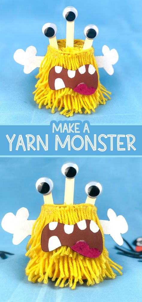 Yarn Monsters Craft, Yarn Crafts Halloween, Yarn Activities, Diy Backdrop Ideas, Crafternoon Ideas, Yarn Monsters, Easy Paper Crafts For Kids, Pencil Topper Crafts, Ideas For Parties