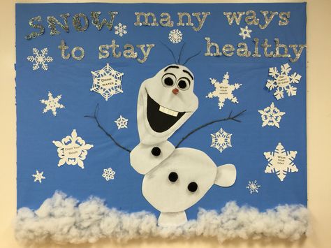 Bulletin board for the winter. Olaf from frozen designed by my coworker and I for the nurses office Frozen Bulletin Board, Education Bulletin Boards, Cafeteria Bulletin Boards, Snowman Bulletin Board, Pe Bulletin Boards, Nurse Bulletin Board, December Bulletin Boards, February Bulletin Boards, School Nurse Office Decorations