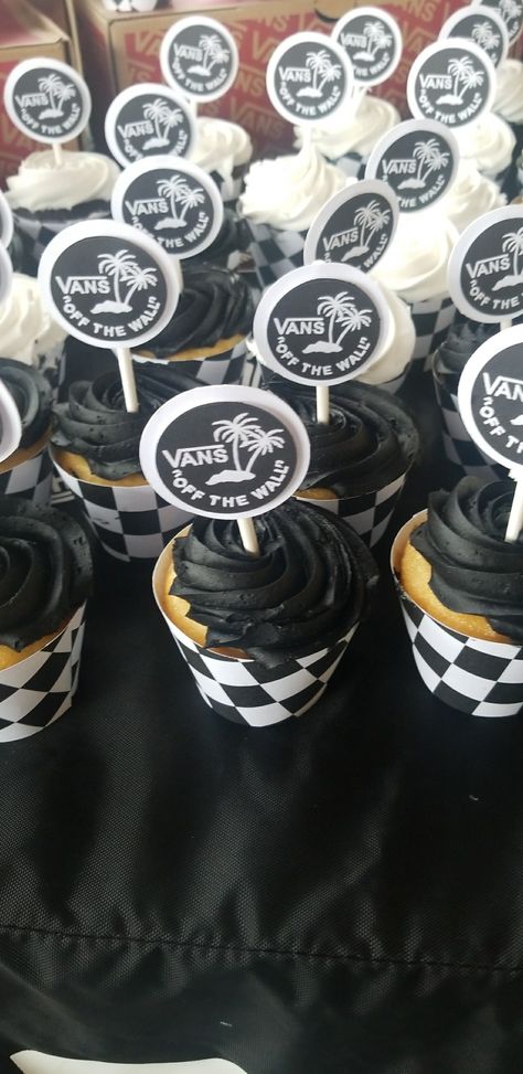 Vans off the wall cupcakes It was such a hit for my son's  Vans themed birthday party! Skater Party Ideas, Vans Birthday Party Decorations, Skater Themed Party, Skater First Birthday, Vans First Birthday Party, Skater Birthday Party Ideas, Vans First Birthday, Vans Themed Party Ideas, Vans Themed Birthday Party