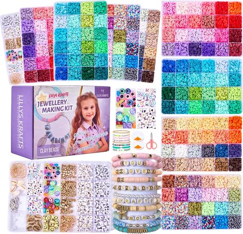 Lillys Krafts 16000pcs Premium Clay Beads Bracelet Making Kit with Accessories, 96 Vibrant Colors Polymer Clay Beads for DIY Jewellery Making Kit (16000 pcs Value Pack) Clay Beads Diy, Flat Clay Beads, Clay Beads Bracelet, Diy Jewellery Making, Bracelet Making Kit, Make Friendship Bracelets, Jewelry Making Kits, Creative Arts And Crafts, Jewelry Making Kit