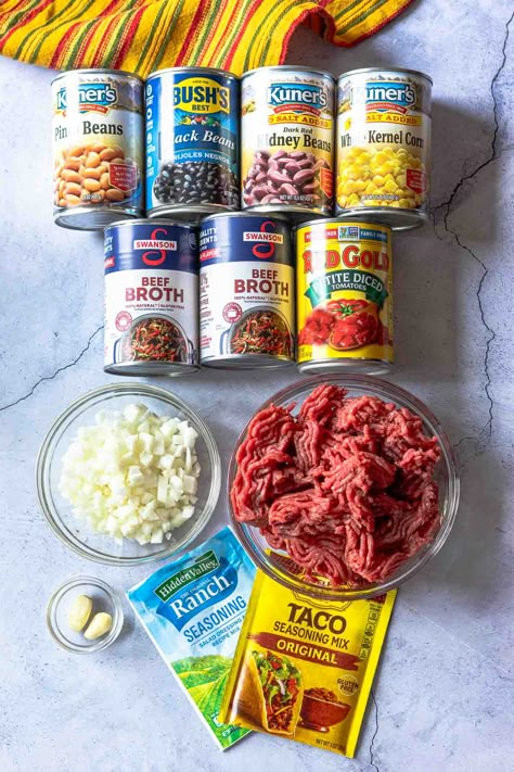 Taco Soup with Ranch Dressing. Ground Beef, 7 cans and 2 seasoning packets. You've got the easiest soup recipe ever. A delicious way to feed that hungry crowd, pronto. 6 Can Chicken Taco Soup, Taco Soup With Ranch Packet, Ranch Taco Soup, Taco Soup With Ranch, 7 Can Taco Soup, Taco Soup Ranch, 8 Can Taco Soup, Football Meals, 7 Can Soup