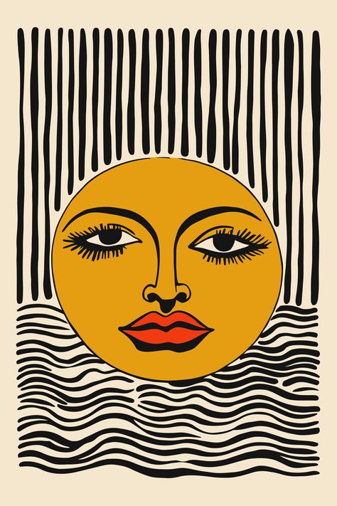 Simple Collage Art, Sun Face Art, Collage Art On Canvas, Sun Drawings, Black Woman Painting, Funky Artwork, Sun Artwork, Boho Posters, Lips Wall Art