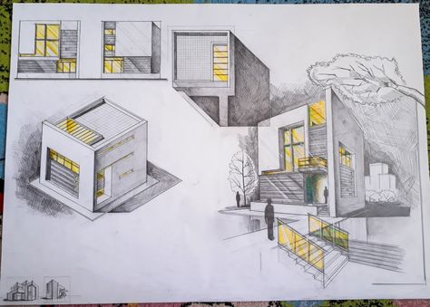 Arhitectural constructed perspective cube house with axonometrics and facades Perspective House Drawing, Cube House, Quadratic Functions, Pod House, Arch Ideas, Building Sketch, Building Illustration, Plan Drawing, Graduation Project