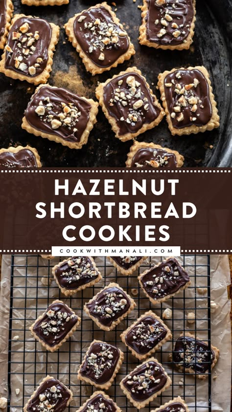 These Hazelnut Shortbread Cookies literally melt in your mouth and are made with only 5 ingredients. Add them to your cookie boxes for the holidays! Shortbread Cookies Variations, Toblerone Shortbread Cookies, Fall Shortbread Cookies, Hazelnut Cookies Recipes, Hazelnut Recipes Desserts, Ina Garten Shortbread Cookies, Toffee Shortbread Cookies, Shortbread Cookie Recipes, Creative Pastries