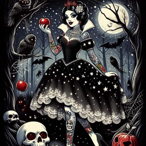 Monster Pinup, Gothic Disney Princesses, Dark Disney Princess, Dark Disney Art, Goth Disney Princesses, Evil Princess, Goth Culture, Imprimibles Halloween, Halloween Pin Up