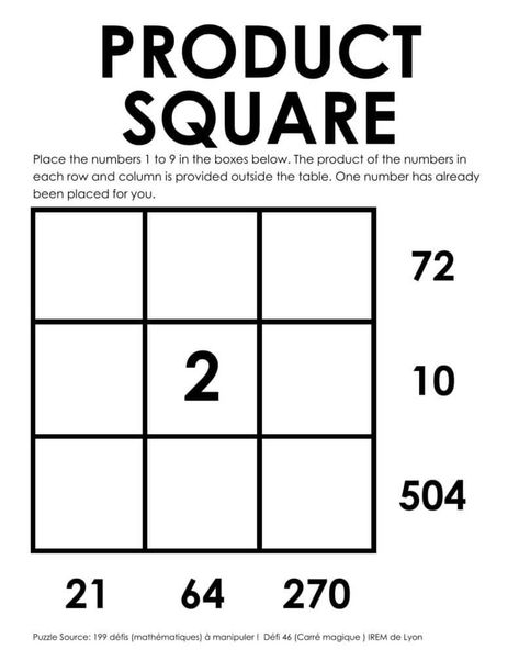 The Product Square Puzzle is a number placing logic puzzle which will test your multiplication knowledge. Multiplication Squares, Math Logic Puzzles, Number Puzzles, Logic Puzzles, Multiplication And Division, Maths Puzzles, High School Math, Math Numbers, Fourth Grade