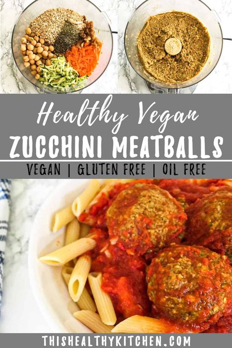 Learn how to make these secretly healthy "sneaky" vegan meatballs. Why so sneaky? They're loaded with healthy ingredients like chickpeas, zucchini, carrots, oats and walnuts.(Nut free option included). These veggie balls are easy to make, and this recipe is truly the best for serving with pasta and sauce. As an added bonus, these vegan meatballs are gluten free, dairy free, perfect for a sub or sandwich (just skip the sauce) and absolutely delicious! Veggie Balls, Meatballs Baked, Vegan Oil Free, Zucchini Meatballs, Veggie Meatballs, Vegan Meatballs, Vegan Zucchini, Healthy Ingredients, Healthy Kitchen