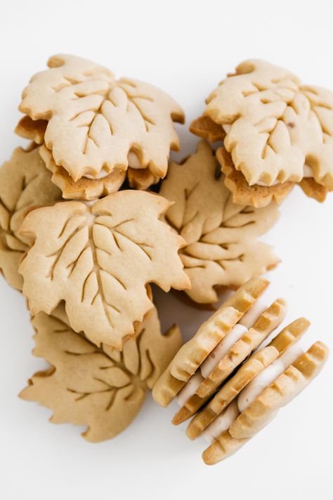 Trader Joes Maple Leaf Cookies, Maple Leaf Sandwich Cookies, Maple Sandwich Cookies Recipe, Leaf Shaped Cookies, Leaf Cookies Fall, Maple Sandwich Cookies, Fall Cookie Box Ideas, Maple Cream Cookies, Pretty Fall Desserts