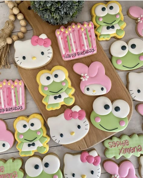 Sanrio Cookies Decorated, Hello Kitty Friends Birthday Party Ideas, Hello Kitty And Friends Cookies, Hello Kitty Birthday Cookies, Sanrio Sugar Cookies, Keroppi Cookies, Hello Kitty Cookies Decorated, Cute Sugar Cookies Designs, Sanrio Party Ideas