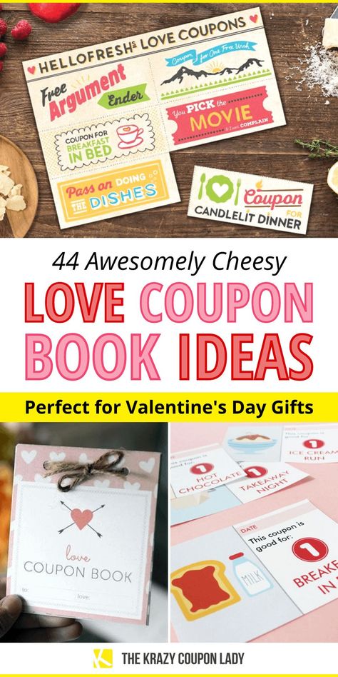 Valentine's love coupons are a fun, easy, cheap way to show your love for your boyfriend or girlfriend! You can also make cute DIY love coupons for your husband or wife to set up some romance or reignite the spark in your relationship. If you're looking for a Valentine's coupon book for boyfriend ideas, use these free printables to get started. Get creative with these 44 romantic love coupon ideas for Valentine's Day from The Krazy Coupon Lady! #valentinesday #DIYValentine #valentinesgiftsforhim Date Coupon Ideas, Diy Coupon Book For Boyfriend Ideas, Coupon Book For Boyfriend Ideas, Book For Boyfriend Ideas, Romantic Coupons For Him, Homemade Coupons For Boyfriend, Dirty Coupons For Boyfriend, Love Coupon Ideas, Coupon Book For Boyfriend