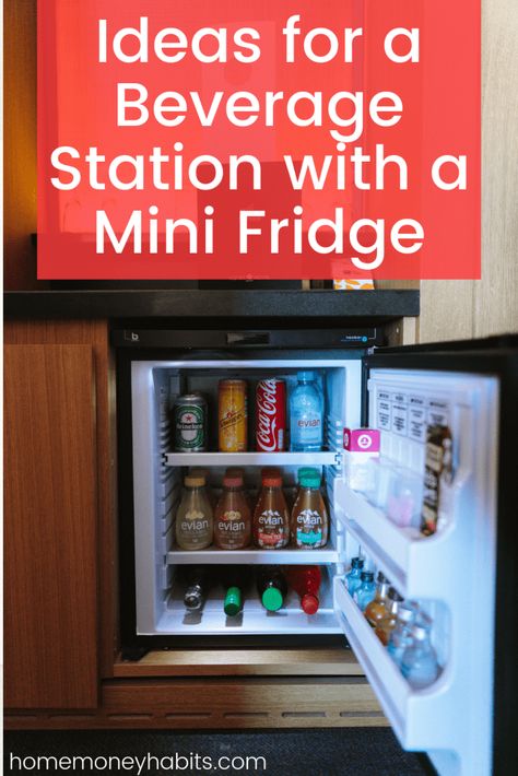 Office Beverage Station, Beverage Station Ideas, Kitchen Counter Coffee Bar, Counter Coffee Bar, Small Kitchen Counter, Tiny Fridge, Drink Fridge, Cold Brew Recipe, Beverage Station