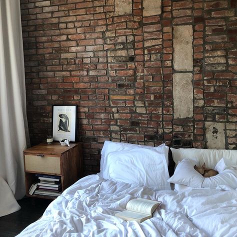 Brick Wall In Apartment, Brick Loft Apartment Bedroom, Brooklyn Apartment Bedroom, Nyc Apartment Brick Wall, Brick Wall Room Decor, Brick Room Aesthetic, Brick Wall Bedroom Aesthetic, New York Brick Apartment, Exposed Brick Bedroom Ideas