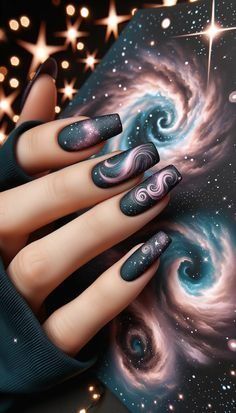 Gem Stone Nail Art, Nail Galaxy Design, Galaxy Nail Art Designs, Nail Designs Galaxy, Galaxy Nails Designs, Galaxy Nails Acrylic, Black Celestial Nails, Space Nails Galaxy, Purple Galaxy Nails