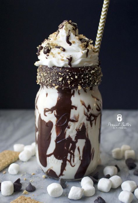 Happy Friday! Want a decadent way to get your protein in today?  I’ve got you covered!  S’mores... Continue Reading Pancakes Protein, Protein Shake Recipe, Protein Donuts, Protein Powder Shakes, Chocolate Ganache Recipe, Protein Dinner, Ganache Recipe, Protein Muffins, Vanilla Greek Yogurt