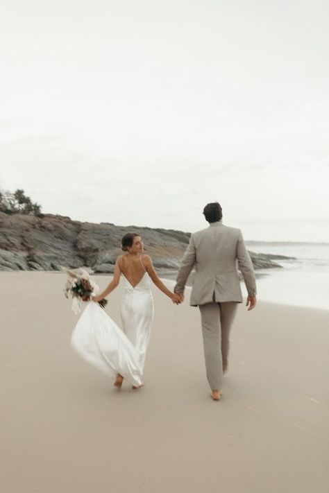 Laid Back Beach Wedding, Modern Elopement Dress, Simple Wedding On The Beach, Small Intimate Wedding Beach, Beach Wedding Pictures In Water, Wedding Photos By The Sea, Beach Elopement Dress Casual, Moody Beach Wedding Photography, Simple Wedding Elopements