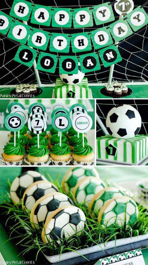 soccer birthday party green black white Soccer Themed Birthday Party, Soccer Theme Parties, Soccer Birthday Party, 15th Birthday Party Ideas, Soccer Birthday Parties, Sports Birthday Party, Soccer Theme, Football Birthday Party, Soccer Birthday