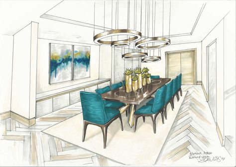 Dining Room Sketch, Perspective Drawing Room Interior Design, Interior Design Drawing Perspective, Room Design Drawing, Dining Room Perspective Drawing, Restaurant Interior Design Sketch, Dining Room Drawing, Dining Room Sketch Perspective, Interior Design Renderings Hand Drawn