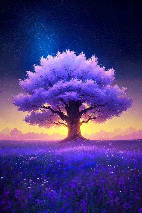 Step into the enchanting evening scenery of a charming tree standing proudly in the middle of a breathtaking purple meadow in a captivating digital artwork. As the sun gently sets, casting its warm golden glow, the tree becomes a focal point of beauty and serenity. The vibrant hues of the meadow create a stunning backdrop, creating a tranquil and mesmerizing atmosphere. Immerse yourself in the calming ambiance of this scene, where nature's grace unfolds in the embrace of the evening. Evening Scenery, Beautiful Scenery Paintings, Glowing Tree, Aesthetic Trees, Purple Roses Wallpaper, Purple Artwork, Glowing Flowers, Purple Tree, Lilac Tree