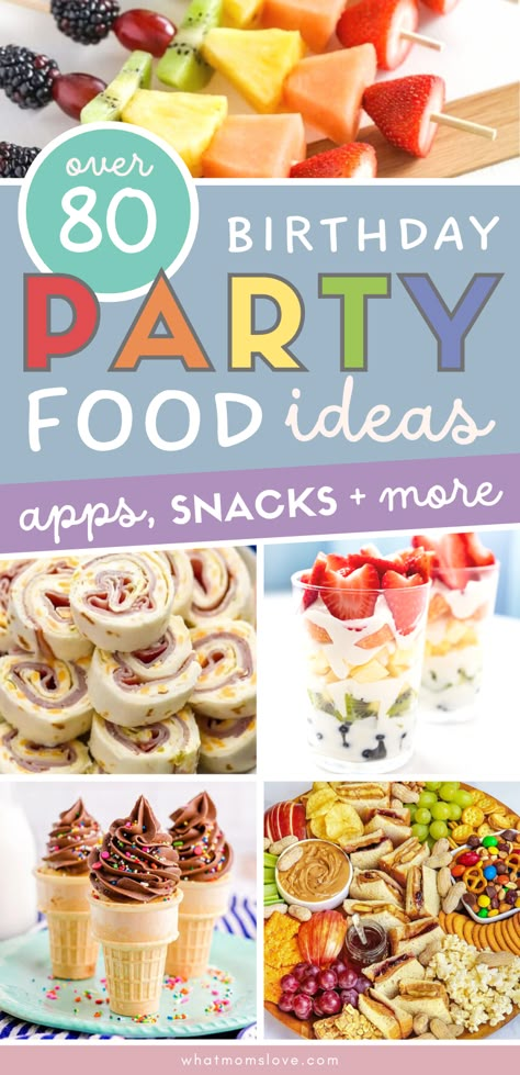 The best kids birthday party food ideas. Easy recipes for hot and cold appetizers, finger foods, healthy snacks, dessert and more! Food Set Up For Party, Party Food For Teens, Party Food Table Decorations, Quick Appetizers For A Party, Food Table Party, Kids Birthday Party Snacks, Cold Party Food, Party Food For Toddlers, Finger Foods Healthy