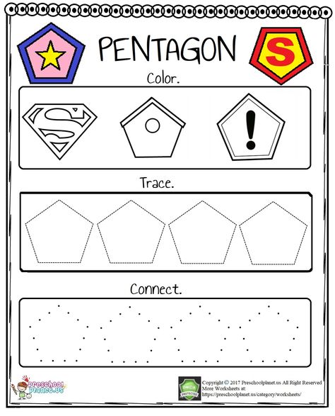 Let's practice pentagon today with little ones. Kids will easily recognize pentagon shape with this worksheet. They will also practice to draw the shape. You can freely use this pentagon worksheet in your classroom or home for educational purposes. This pentagon worksheet is in pdf format and printable. Trapezoid Worksheet Preschool, Pentagon Shape Activities For Preschool, Pentagon Worksheet Preschool, Pentagon Crafts Preschool, Preschool Shapes, Shapes Worksheet Kindergarten, Triangle Worksheet, 1 Worksheet, Pentagon Shape