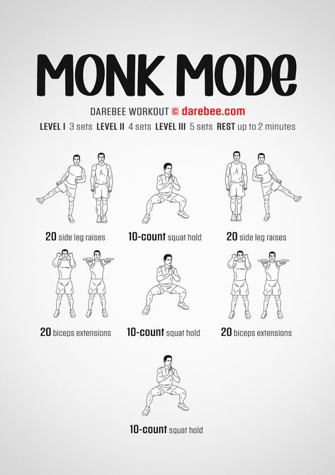 Monk Mode Workout Monk Mode, Isolation Exercises, Squat Hold, Gym Workouts For Men, Martial Arts Workout, Body Strength, Fitness Design, Leg Raises, Home Fitness