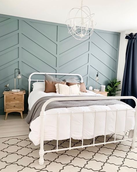 As you know I’m rather a fan of panelling 😉  I think this has to be my favourite design we’ve tried. Won’t lie, it was bit trickier than… De Nimes Bedroom, Farrow And Ball Bedroom, Farmhouse Chic Bedroom, Room On A Budget, Chevron Wall, Interior Elements, Accent Wall Ideas, Wall Diy, Accent Wall Bedroom